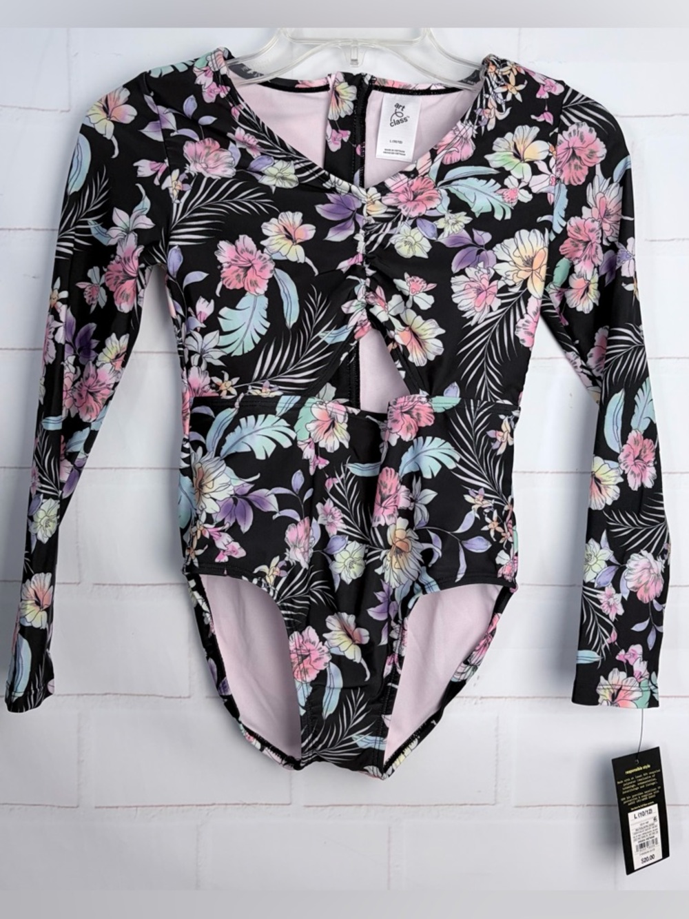 Art Class Rashguard Swimsuit Black Tropical Print L 10/12 NWT